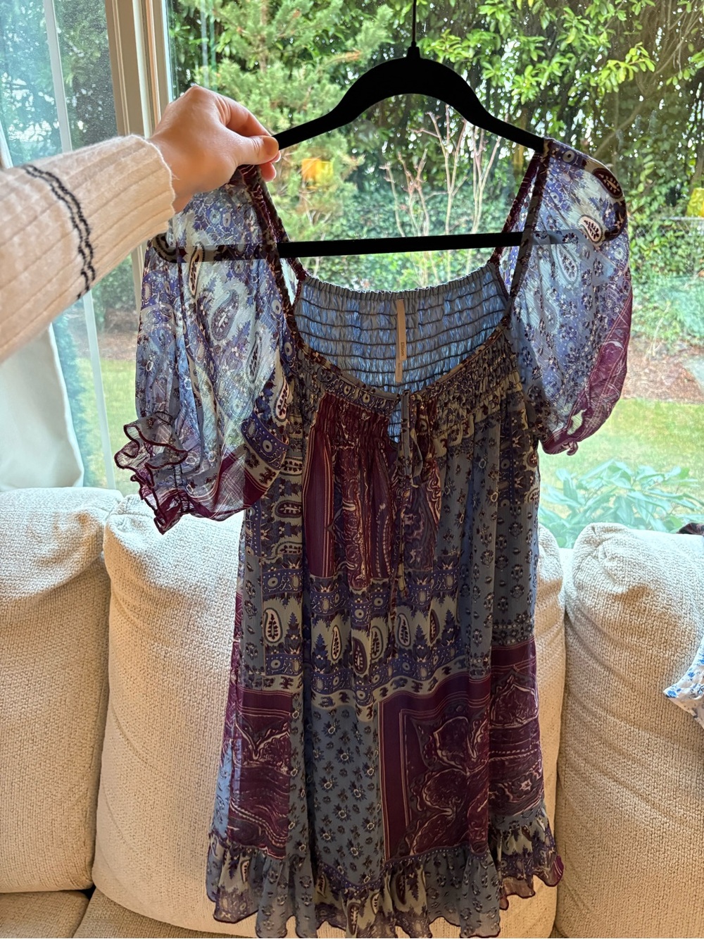 Boho Patchwork Puff-Sleeve Women’s mini dress- Blue & Purple